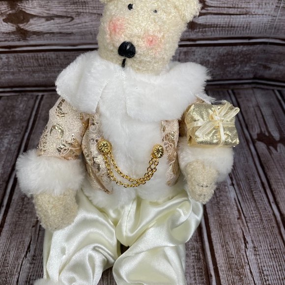 Set of 2 Stuffed Bears 15" Shelf Sitter Christmas Holiday Decor Cream Gold EUC - Picture 5 of 6